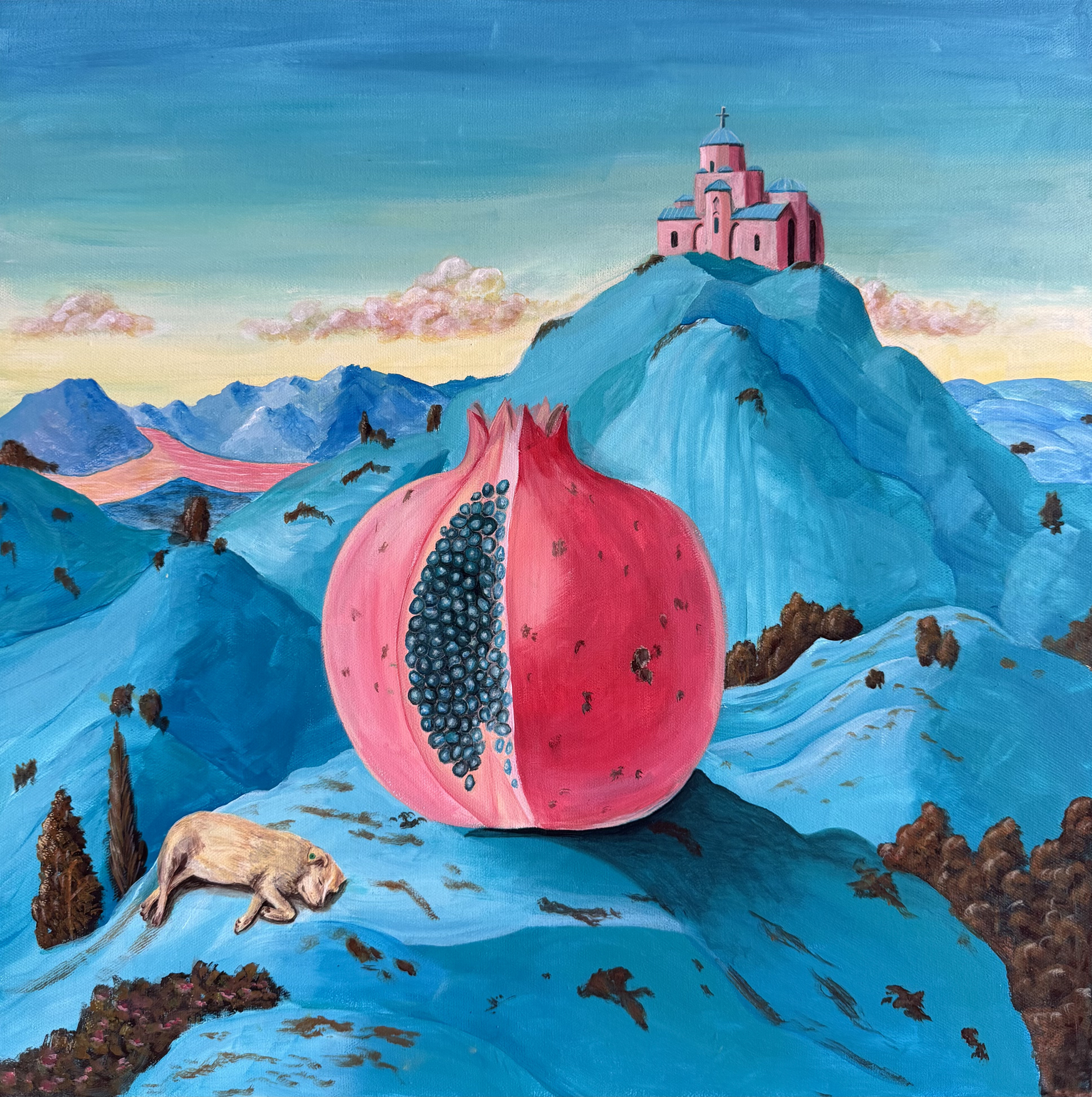 A giant cut pomegranate rests among the blue ridges of the Caucasus, its seeds turned toward the valley, while a small pink church keeps watch from the peak. The pomegranate, an old Georgian emblem of abundance and life, becomes a hill among hills. A creature sleeps on the slope below. Ordinary fruit set in an impossible place, and a quiet love letter to the country whose name the painting carries.